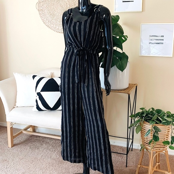 Derek Heart Pants - B&W Striped Wide Leg Jumpsuit